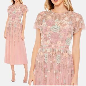 Mac Duggal‎ 9134 Womens Size 4 Pink Blue Floral Beaded High Neck Midi Dress